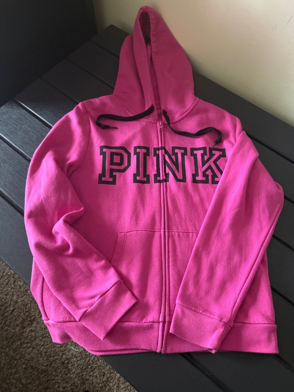 PINK Victoria's Secret Bright Hot Pink Zip-Up Hoodie with Black Lettering